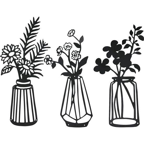 ESTART 3 stuks metalen bloem wanddecoratie, minimalistische bloemen muur opknoping kunst, abstracte lijn bloemen muur kunst sculptuur voor slaapkamer badkamer woonkamer keuken eetkamer (zwart