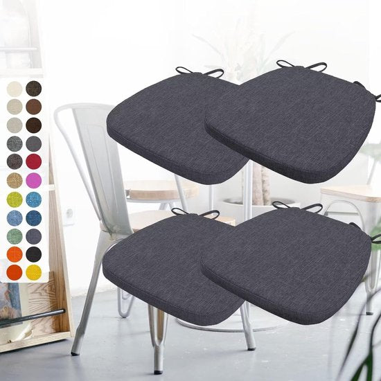 FlyGulls Set van 4 antislip stoelkussens voor eetkamerstoelen, 5 cm dikke stoelkussens, zachte en comfortabele stoelkussens met banden, zwart (42 x 40 x 5 cm