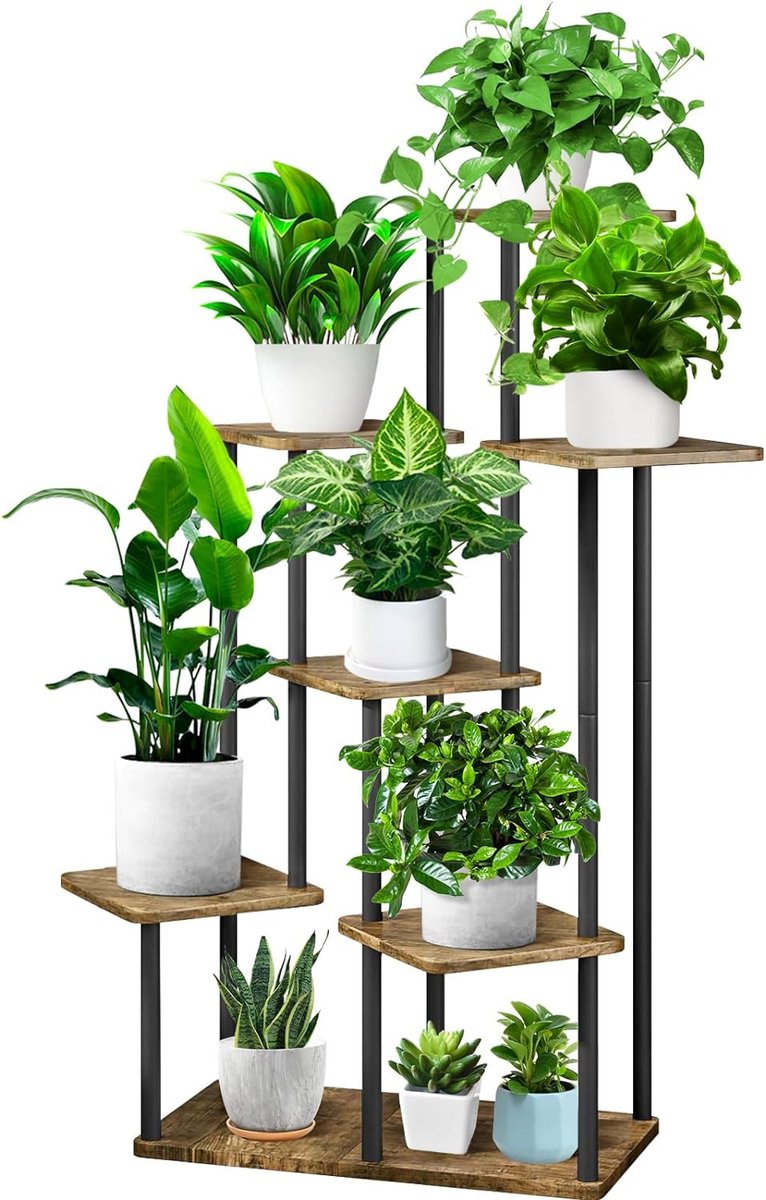Bamworld Houten bloemenstandaard, multilevel plantenrek, ruimtebesparende plantendrager met 5 niveaus voor woonkamer en tuin, als bloementrap met meerdere lagen
