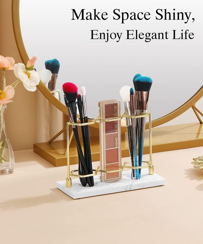 Tandenborstelhouder, 3 vakken, elektrische tandenborstelhouder van hars, voor tandpasta, scheerapparaat, organizer, houder voor wastafel, toilettafel, commode, make-uptafel, goud/marmer, wit