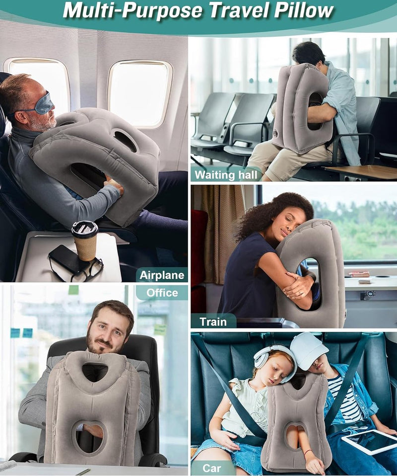 Opblaasbaar nekkussen voor vliegtuigreizen, draagbaar reiskussen, neksteunkussen, comfortabel ondersteunt hoofd en kin, kussen voor treinen, auto's, kantoor, huis (hogere versie, grijs)