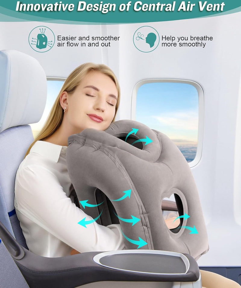 Opblaasbaar nekkussen voor vliegtuigreizen, draagbaar reiskussen, neksteunkussen, comfortabel ondersteunt hoofd en kin, kussen voor treinen, auto's, kantoor, huis (hogere versie, grijs)