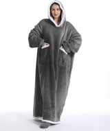 Knuffeldeken met mouwen, deken met mouwen en capuchon, oversized, enorme hoodiedeken met 2 voorzakken, zacht, warm, flanel, draagbaar, full-body deken, volwassenen, uniseks, donkergrijs