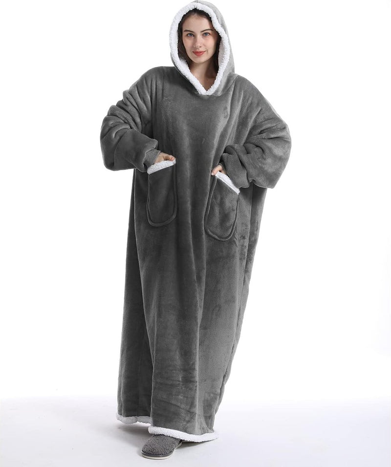 Knuffeldeken met mouwen, deken met mouwen en capuchon, oversized, enorme hoodiedeken met 2 voorzakken, zacht, warm, flanel, draagbaar, full-body deken, volwassenen, uniseks, donkergrijs