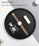 Rond dienblad, marmeren dienblad van hars, decoratief dienblad voor de badkamer, make-up cosmetische organisator, opbergbak voor woonkamer, bureau, keuken, badkamer, mat zwart