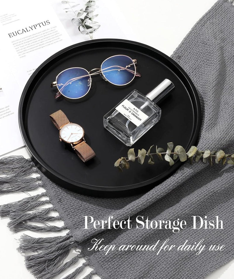 Rond dienblad, marmeren dienblad van hars, decoratief dienblad voor de badkamer, make-up cosmetische organisator, opbergbak voor woonkamer, bureau, keuken, badkamer, mat zwart