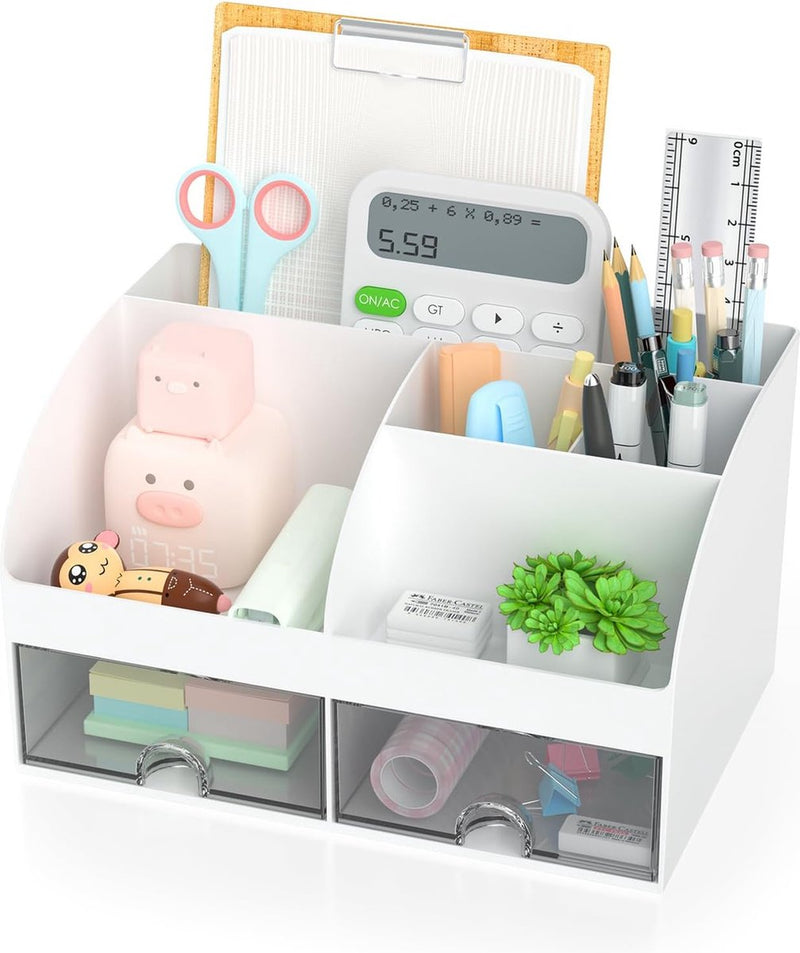 Bureau-organizer, pennenhouder, plastic tafelorganizer met lade, multifunctionele kantoororganizer voor thuis, kantoor, badkamer, make-uptafel, wit