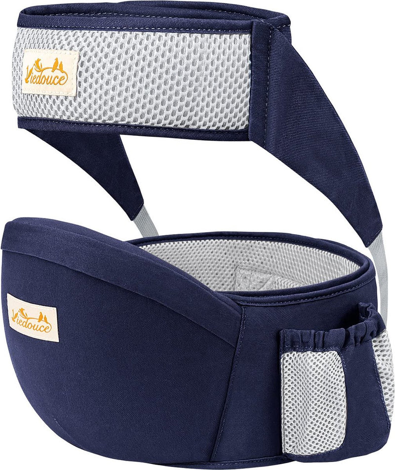 Babyheupzitje, ergonomisch, met veiligheidsgordelbescherming, puur katoen, licht en ademend, ergonomische lichte taille, kruk, baby heupzitje voor 4-36 maanden (donkerblauw)