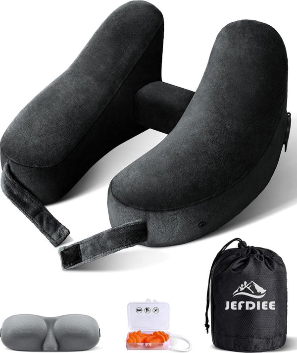 Reiskussen, nekkussen, opblaasbaar nekkussen voor vliegtuig, volwassenen, snel opblaasbaar kussen met hoofdsteun, hoed, luxe tas, slaapmasker en oordopjes (zwart)