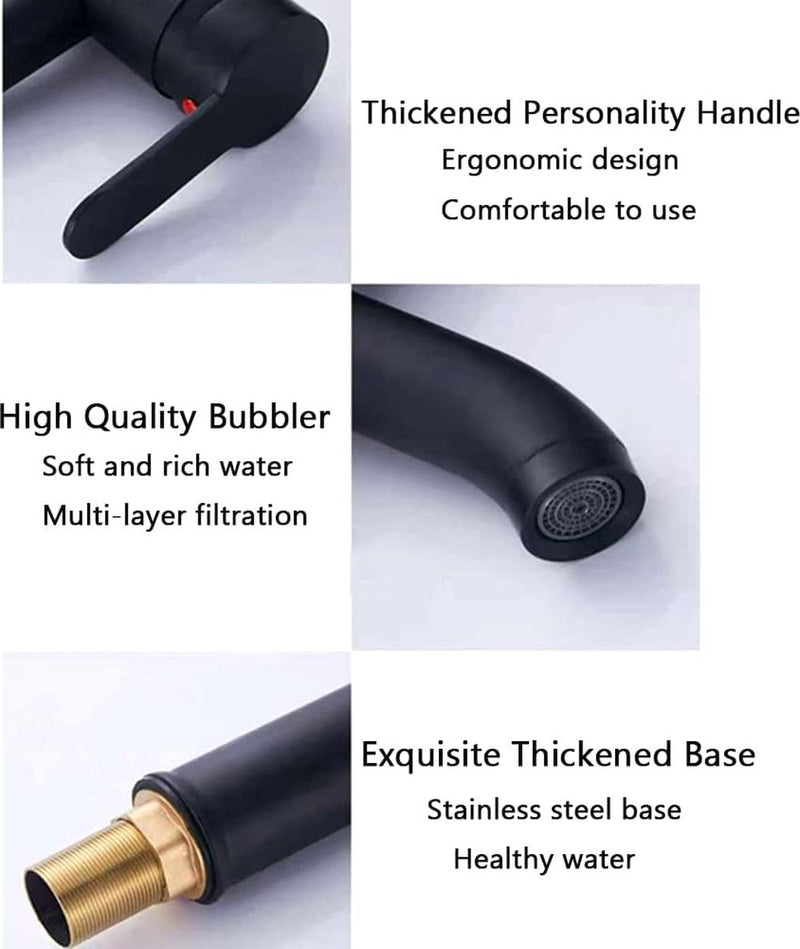 Badkamerwastafelkraan, zwart, eengreepskraan, badkamer, warm en koud water wastafelbatterij, roestvrijstalen kraan met toevoerslang, voor badkamer en wastafel op aanrecht, eenvoudige installatie