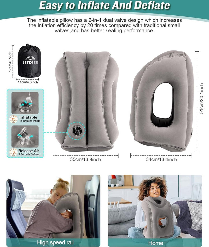 Opblaasbaar nekkussen voor vliegtuigreizen, draagbaar reiskussen, neksteunkussen, comfortabel ondersteunt hoofd en kin, kussen voor treinen, auto's, kantoor, huis (hogere versie, grijs)
