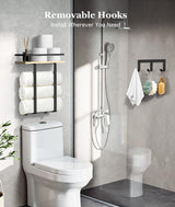 Handdoekhouder Wandmontage, Gastenhanddoekhouder Badkamer Handdoekenrek met Boren Handdoekhaken Badhanddoekhouder met Plank Handdoekhouder Badlaken Handdoekopslag Badkamer, Zwart/Hout