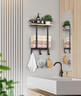 Handdoekhouder Wandmontage, Gastenhanddoekhouder Badkamer Handdoekenrek met Boren Handdoekhaken Badhanddoekhouder met Plank Handdoekhouder Badlaken Handdoekopslag Badkamer, Zwart/Hout