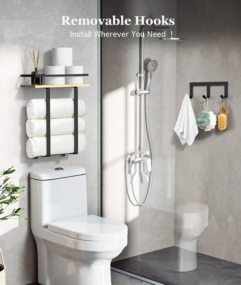 Handdoekhouder Wandmontage, Gastenhanddoekhouder Badkamer Handdoekenrek met Boren Handdoekhaken Badhanddoekhouder met Plank Handdoekhouder Badlaken Handdoekopslag Badkamer, Zwart/Hout