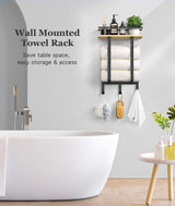 Handdoekhouder Wandmontage, Gastenhanddoekhouder Badkamer Handdoekenrek met Boren Handdoekhaken Badhanddoekhouder met Plank Handdoekhouder Badlaken Handdoekopslag Badkamer, Zwart/Hout