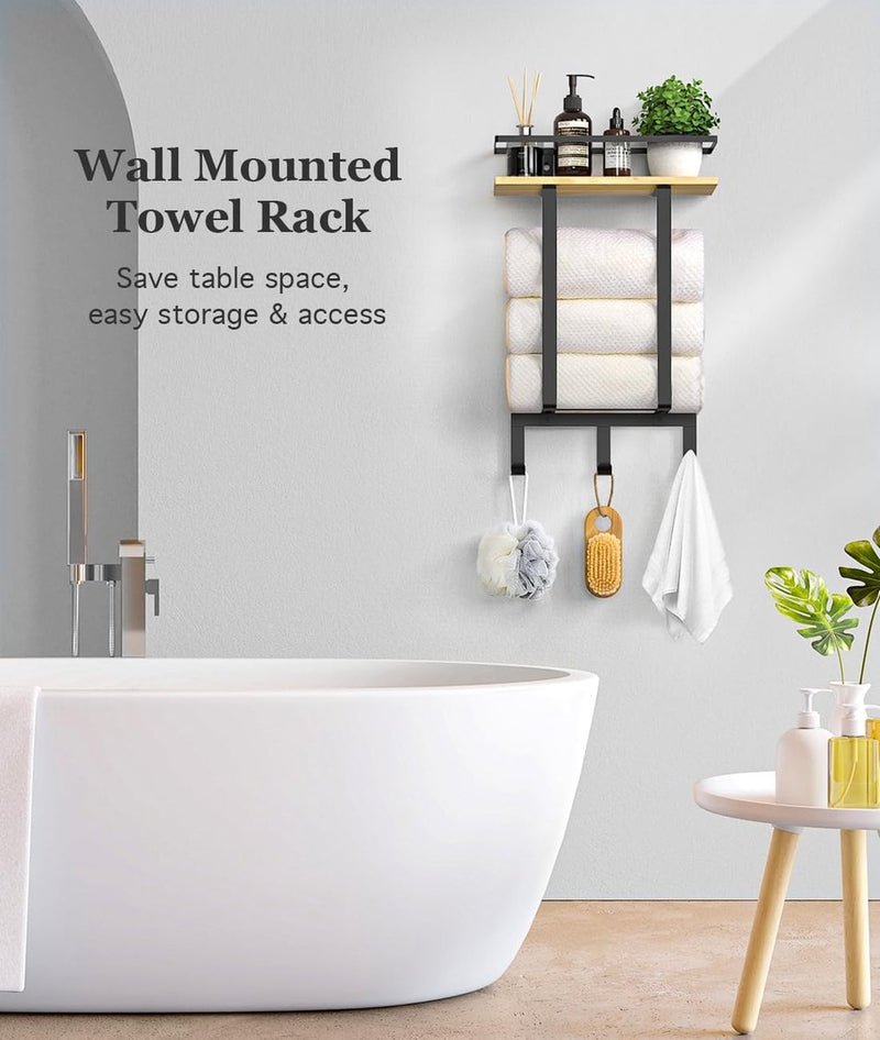 Handdoekhouder Wandmontage, Gastenhanddoekhouder Badkamer Handdoekenrek met Boren Handdoekhaken Badhanddoekhouder met Plank Handdoekhouder Badlaken Handdoekopslag Badkamer, Zwart/Hout