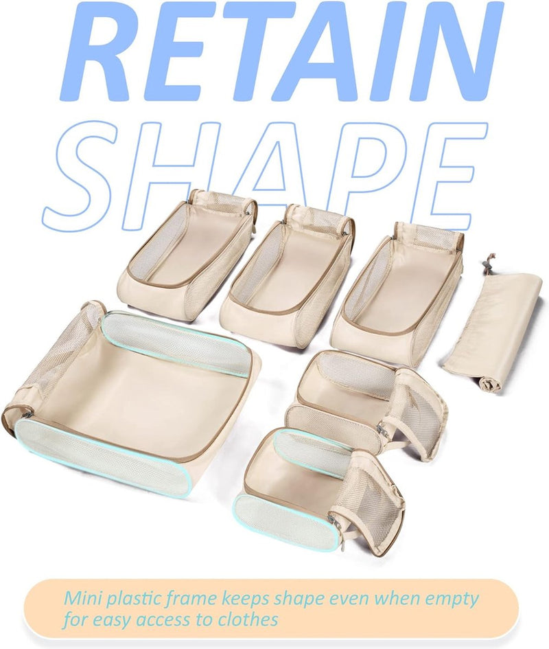 Packing Cubes rugzak, kledingtassen, 7-delige reiskoffer-organizerset, uitbreidbare kofferorganizer voor vakantie en reizen, ivoor