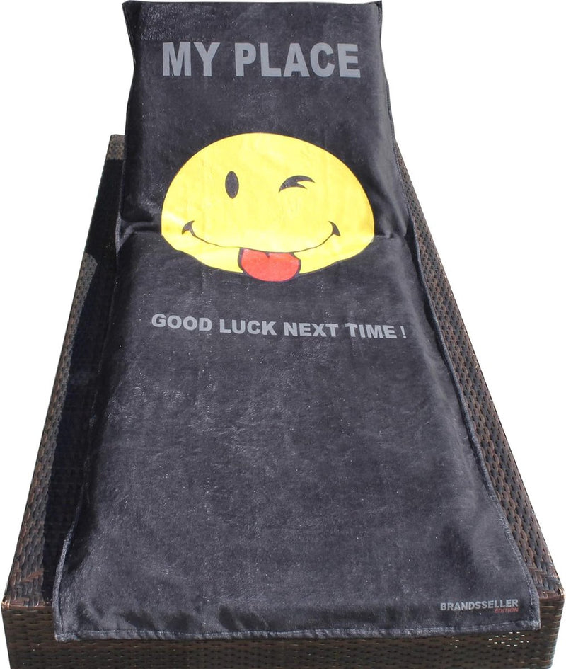 Beschermhoes voor tuinligstoel, strandligkussen, badstof hoes, 55% katoen, 45% polyester, ca. 75 x 200 cm (Smiley Black - Good Luck)