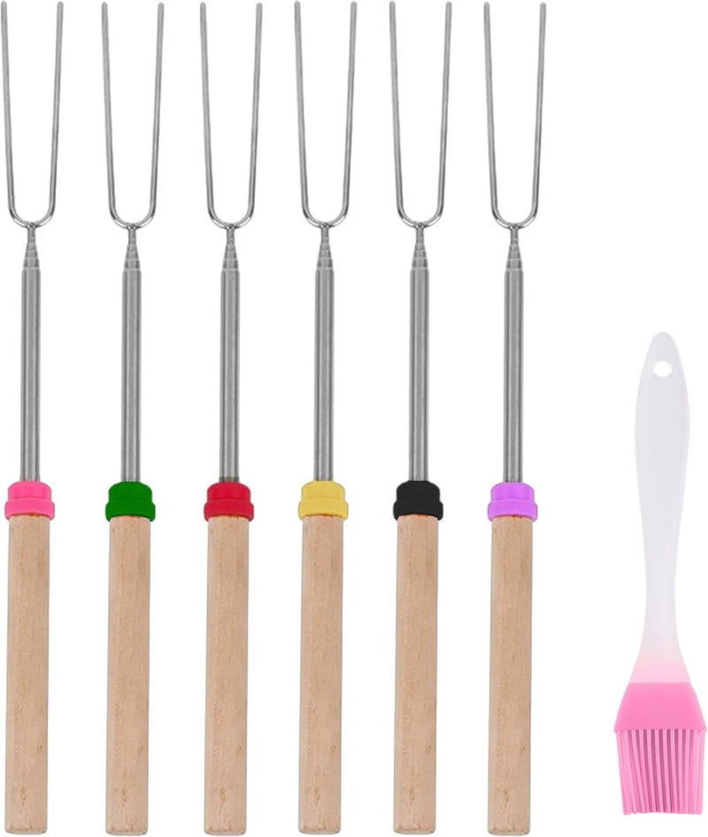 6 barbecuevorken, 1 roze olieborstel, telescopische barbecuespiesjes, roestvrijstalen stokken, barbecuestokken, intrekbare grillstokken, marshmallow grillstokken, geschikt voor kamperen, feest, tuin