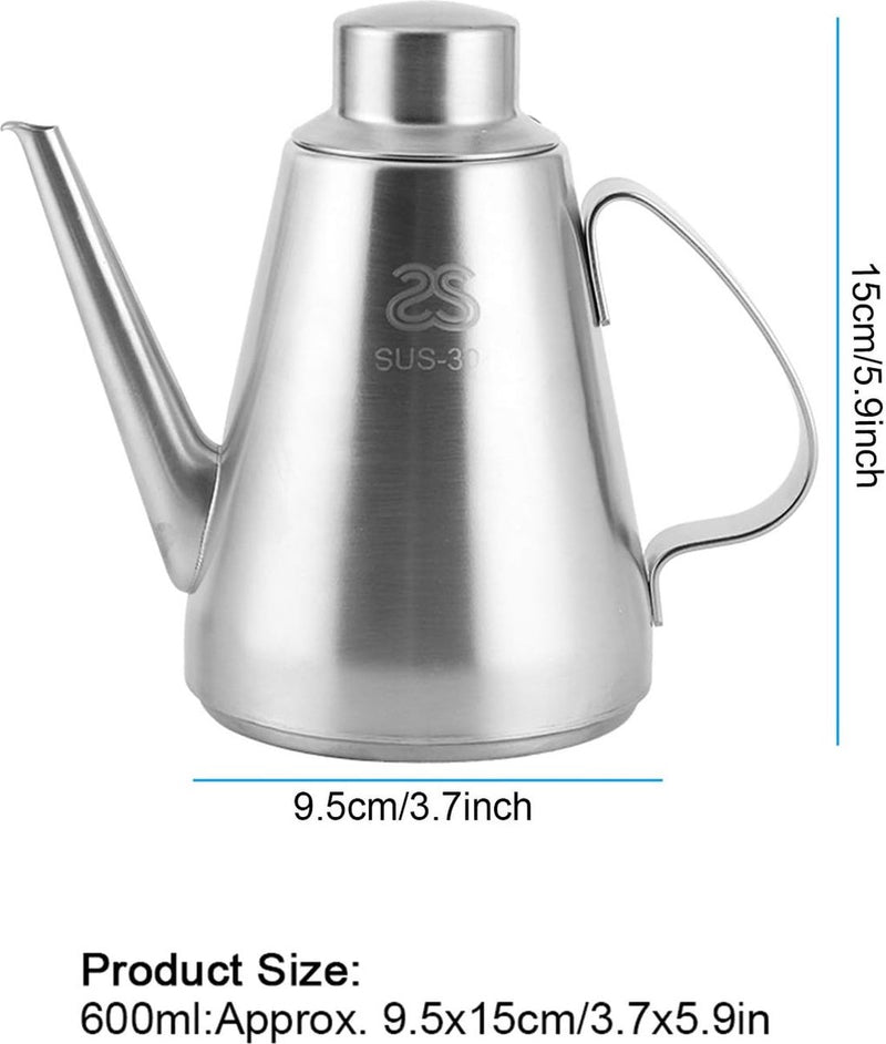 Oliekan 600 ml oliefan roestvrij staal olijfolie oliedispenser, lange opening ingrediëntendispenser oliefles kruidenketel kannetje voor olie, azijn, saus