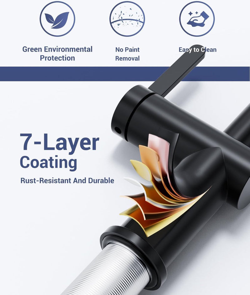 Kraan keuken, zwart, keukenkraan, zwart, uittrekbaar, hoge druk, 360 graden draaibaar, spoelbakarmatuur met 2 straalsoorten, mengkraan voor keuken, keukenarmatuur, L-vormig, zwart