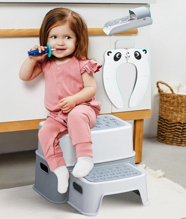 opstapkruk voor kinderen, 2 treden, antislip, kinderkruk, kinderkruk voor baby's, peuters, kruk voor kinderen, met toiletbril voor kinderen, waterkraan verlenging (grijs)