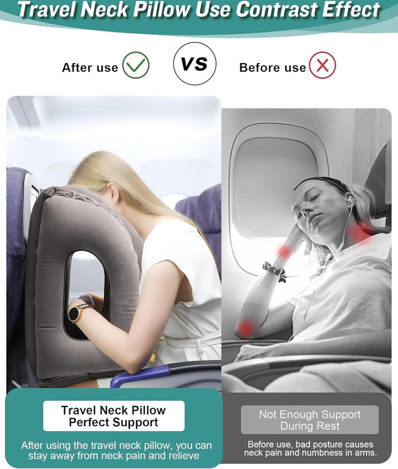 Opblaasbaar nekkussen voor vliegtuigreizen, draagbaar reiskussen, neksteunkussen, comfortabel ondersteunt hoofd en kin, kussen voor treinen, auto's, kantoor, huis (hogere versie, grijs)