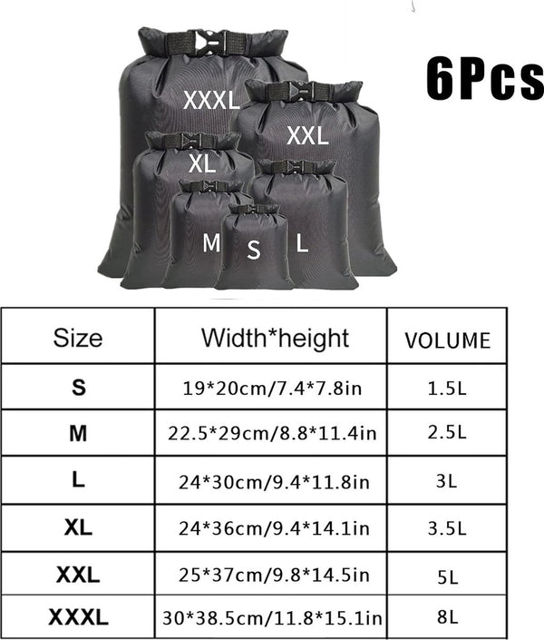 Waterdichte tas, 6 stuks, pakzak, waterdichte droogzak, droogtas voor reizen, raften, drijven, zwemmen, snorkelen, kamperen, fietsen, vissen, kajakken accessoires