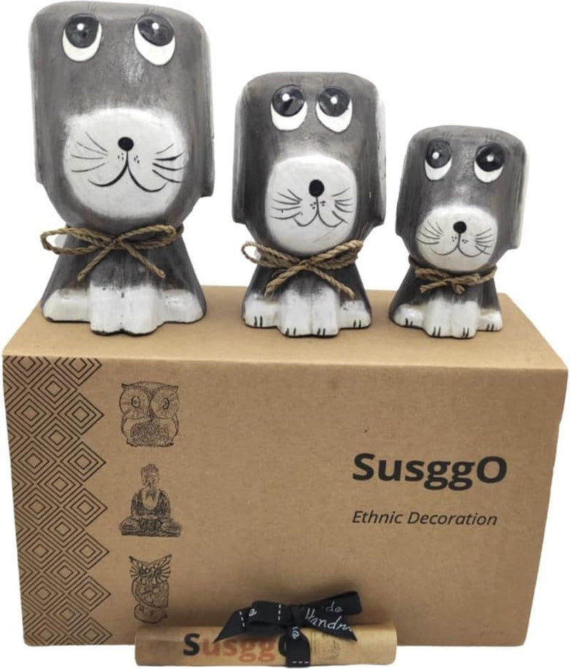 Set van 3 houten hondenfiguren - decoratieve hond - hondenfiguur hondendecoratie - miniatuurhonden - puppyhonden - knutselen - huisdecoratie - huisdecoratie-idee - meubeldecoratie-idee (grijs mod 1)
