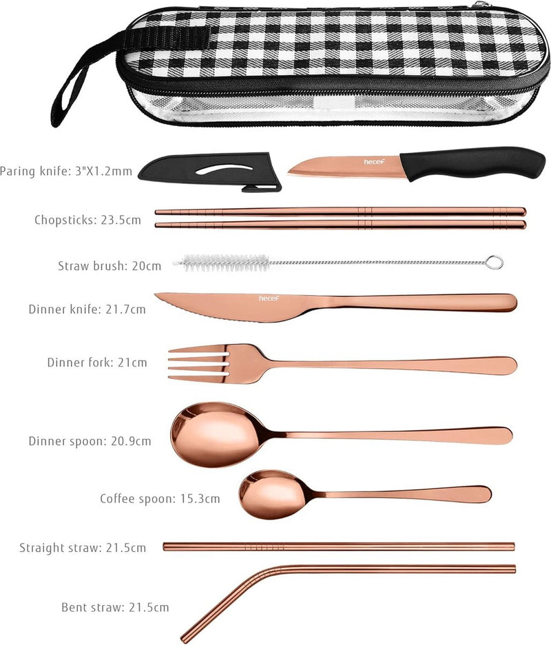 Bestekset, 10-delig, roestvrijstalen reisbestekset, zwart campingbestek met bestekzakje voor op reis, buitenreisbestek en bestek om mee te nemen met koffer (roségoud)