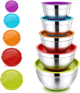5-delige mengkommenset van roestvrij staal met luchtdichte deksel en antislip siliconen bodem, stapelbaar en veelzijdig, geschikt voor de vaatwasser, 7,6 l, 4,7 l, 2,8 l, 2,4 l, 1,4 l