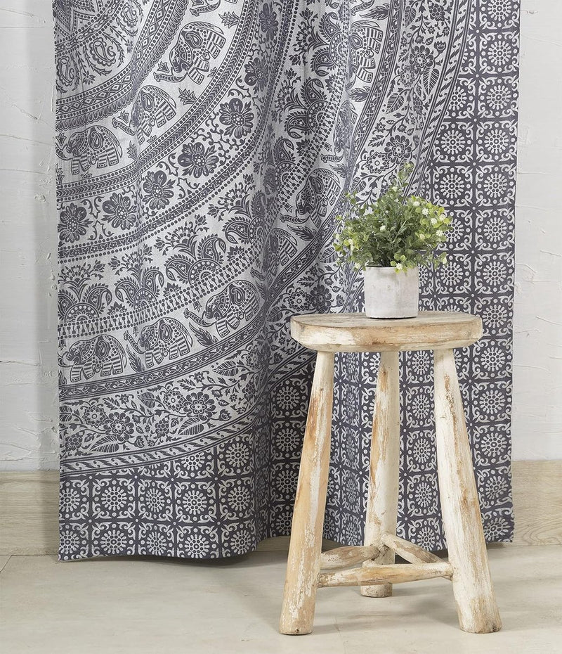 Indian Hippie Gordijn Boheemse Stijl Olifant Mandala Grijs Zilver