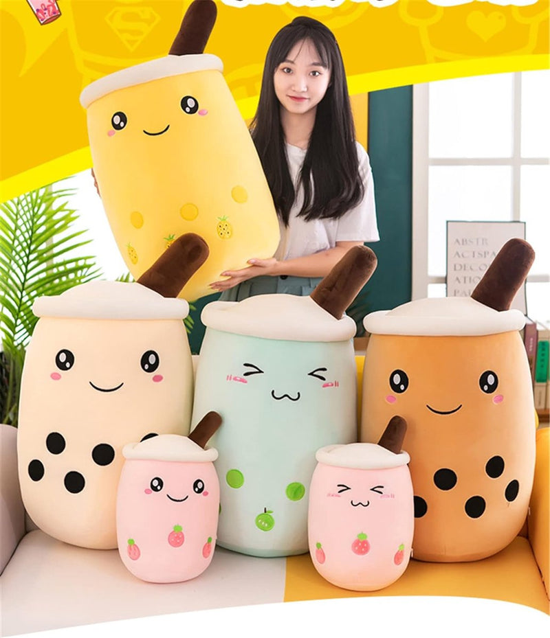 Bubble Tea pluche dier Boba, knuffel, pluche poppen, zacht knuffeldier, theekop, zachte pop, kussen, kinderspeelgoed, blauw, scheel, 35 cm