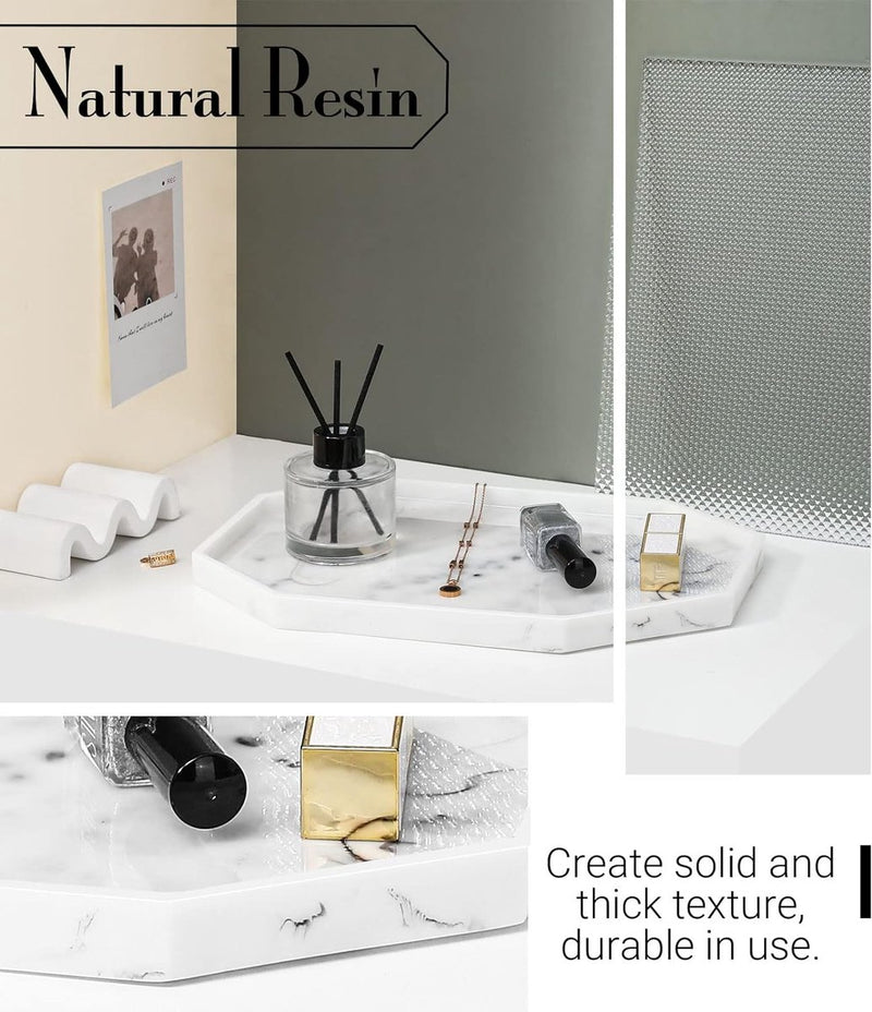 Decoratief dienblad, opbergbak van hars, cosmetische badkamerbak, achthoekige serveerplank voor slaapkamer, kaptafel, woonkamertafel, keukengootsteenaccessoires, marmerwit