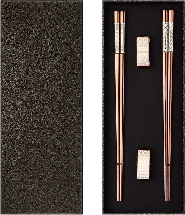 Metalen eetstokjes herbruikbaar 2 paar titanium roestvrijstalen eetstokjes met houder, vaatwasmachinebestendig, lichte eetstokjes in Japanse stijl, cadeauset (roségoud)