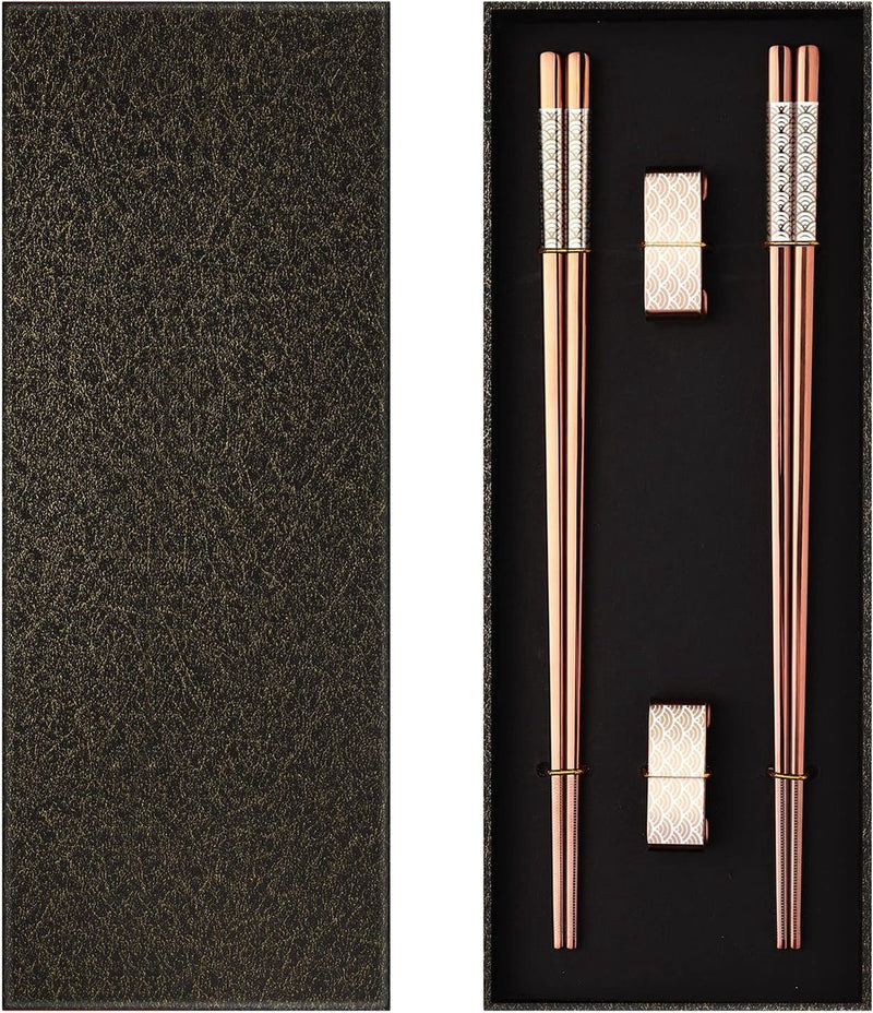 Metalen eetstokjes herbruikbaar 2 paar titanium roestvrijstalen eetstokjes met houder, vaatwasmachinebestendig, lichte eetstokjes in Japanse stijl, cadeauset (roségoud)