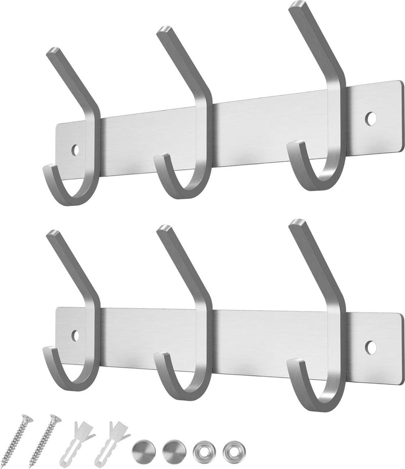 Kledinghaken, 3 haken, garderobelijst, roestvrij staal, geborsteld, voor jassen, jurken, tot 20 kg belastbaar, haaklijst voor hal, voorkamer, 22 cm (zilver, 2 stuks)
