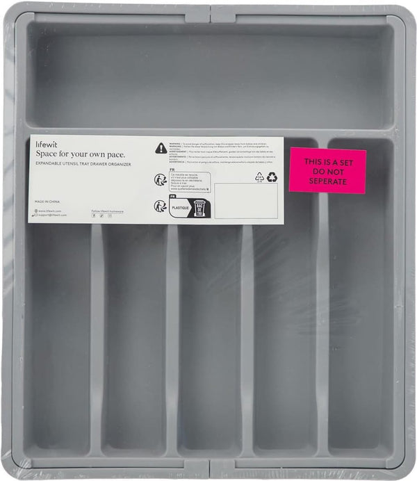 Bestekhouder, uitbreidbare keukengereihouder voor lade, verstelbare bestekbak, compact bestekbak voor laden van kunststof, voor lepels, vorken, messen, groot, grijs