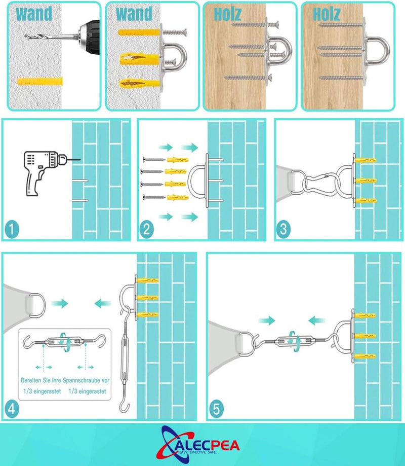 Zonnezeil bevestigingsset M6 - hoogwaardig roestvrij staal 304 - draagvermogen van 80 kg - karabijnhaken, klimgespen, wandhouders, schroeven en kunststof verlengingen inbegrepen