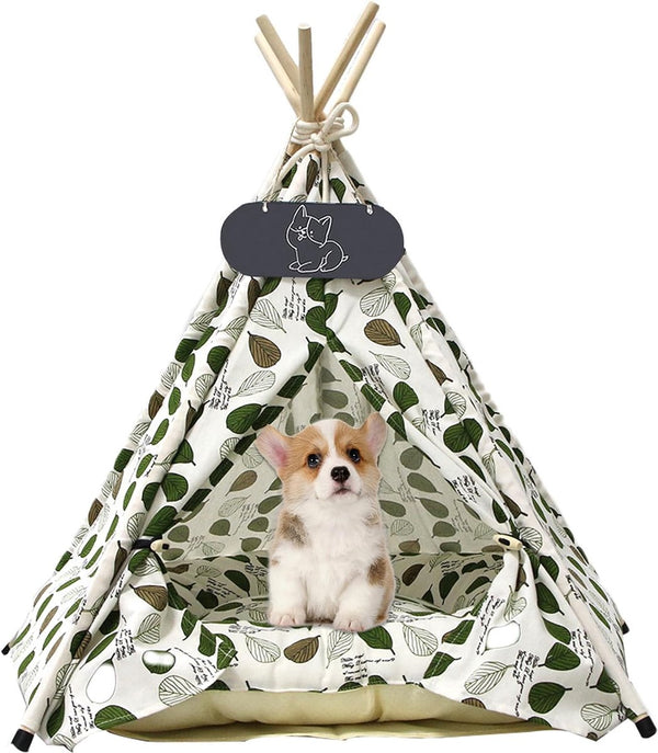 Tipi tent voor huisdieren, kattentent van katoenen linnen, hondentent, afneembaar en wasbaar, huisdierentent met kussen, huisdiertent, wegklappen, meubels, 60 x 60 x 70 cm