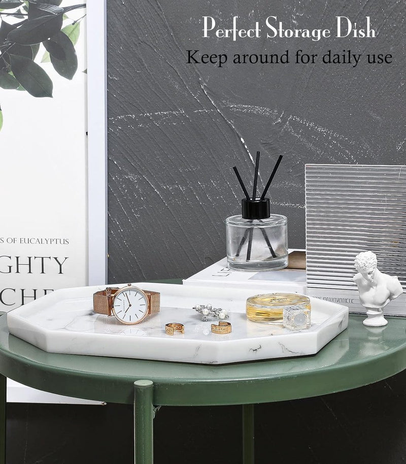 Decoratief dienblad, opbergbak van hars, cosmetische badkamerbak, achthoekige serveerplank voor slaapkamer, kaptafel, woonkamertafel, keukengootsteenaccessoires, marmerwit