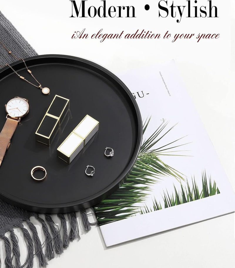 Rond dienblad, marmeren dienblad van hars, decoratief dienblad voor de badkamer, make-up cosmetische organisator, opbergbak voor woonkamer, bureau, keuken, badkamer, mat zwart