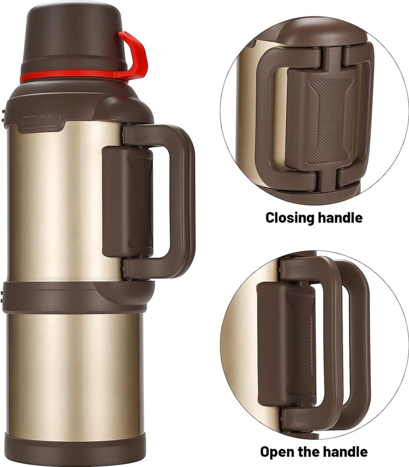 Thermosfles, thermoskan, 4,0 l, roestvrijstalen drinkfles, thermosfles met 3 drinkbekers, dubbelwandige isolatie, camping, waterfles met handvat, 24 uur warm en koud (goud)
