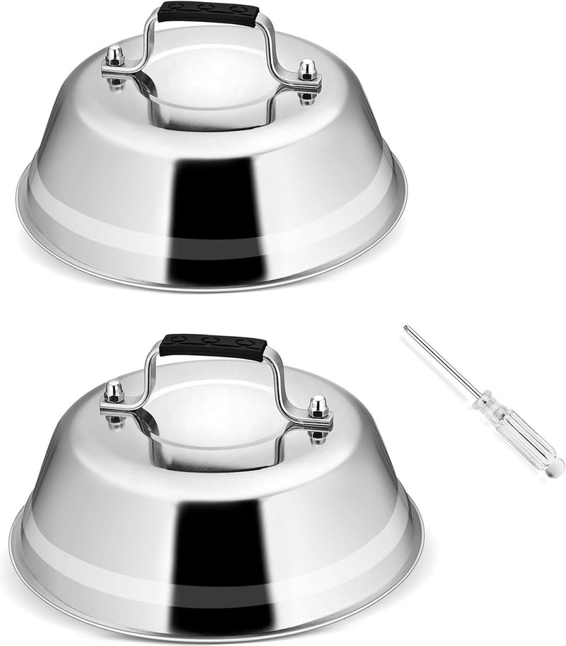 Burgerbel, verpakking van 2 roestvrijstalen burgerbellen met anti-verbrandingshandvat, smeltklok met schroevendraaier voor grill, steak, kaas, teppanyaki, buiten en binnen, vaatwasmachinebestendig - 16,8 x 6 cm