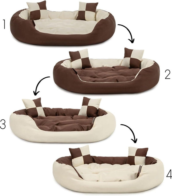 4-in-1 hondenbed, hondenkussen, hondenmand met omkeerbaar kussen, (S) 65 x 50 cm, bruin/beige