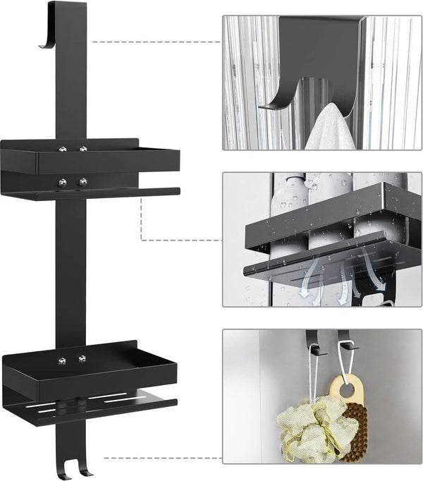 Doucheplank om op te hangen, van roestvrij staal, zwart, doucheplank zonder boren, badkamerrek, hangend douchemand, doucheplank met haken voor maximaal 16 mm frameloze glazen deur,