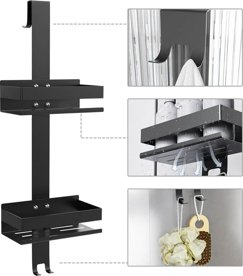 Doucheplank om op te hangen, van roestvrij staal, zwart, doucheplank zonder boren, badkamerrek, hangend douchemand, doucheplank met haken voor maximaal 16 mm frameloze glazen deur,
