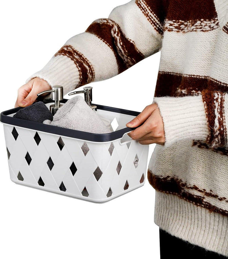 Set van 5 plastic opbergmanden, kleine plankmand voor organiseren, 27 cm x 18 cm x 15 cm organizermand met handvatten voor slaapkamer, kantoor, klaslokaal, school