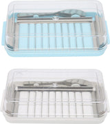 Boterdoos, roestvrijstalen botersnijder snijapparaat, 2 in 1 botersnijcontainer met transparant deksel boterkaasdoos voor het bewaren van kaas voor keukenkoeling (blauw)