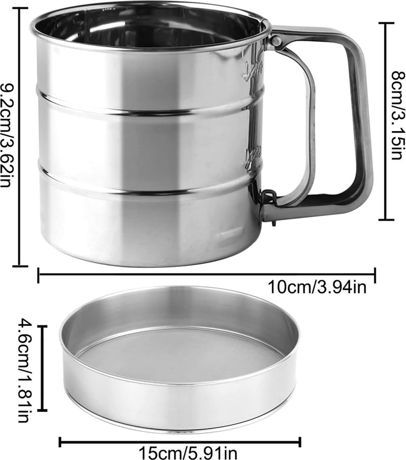 Eenhandsmeelzeef, roestvrijstalen bakzeef, meelzeef, poedersuikerzeef, meelzeef, fijne zeef van roestvrij staal, keukenzeef, roestvrijstalen shaker voor meel, rijst, granen, bonen, fruit